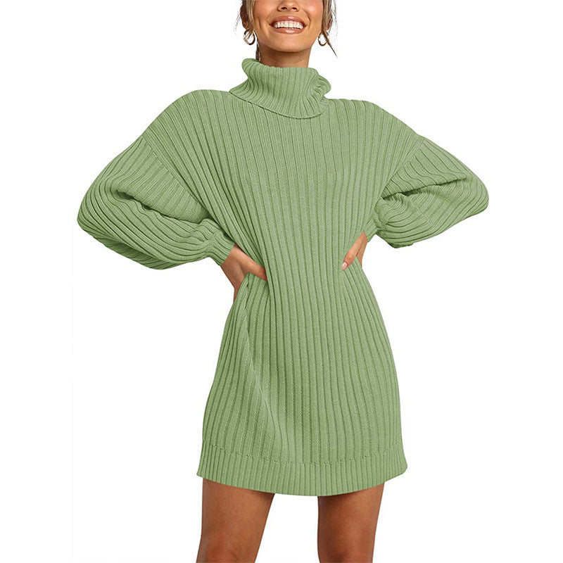 Damen Strickkleid mit hohem Kragen und weit geschnittenen Ärmeln