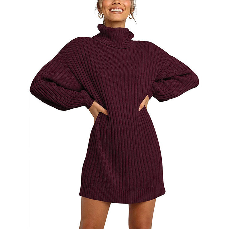 Damen Strickkleid mit hohem Kragen und weit geschnittenen Ärmeln