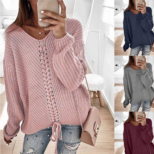 Damen Oversize Strickpullover mit V-Ausschnitt, Zopfstrick und Schnürung Shop Nory