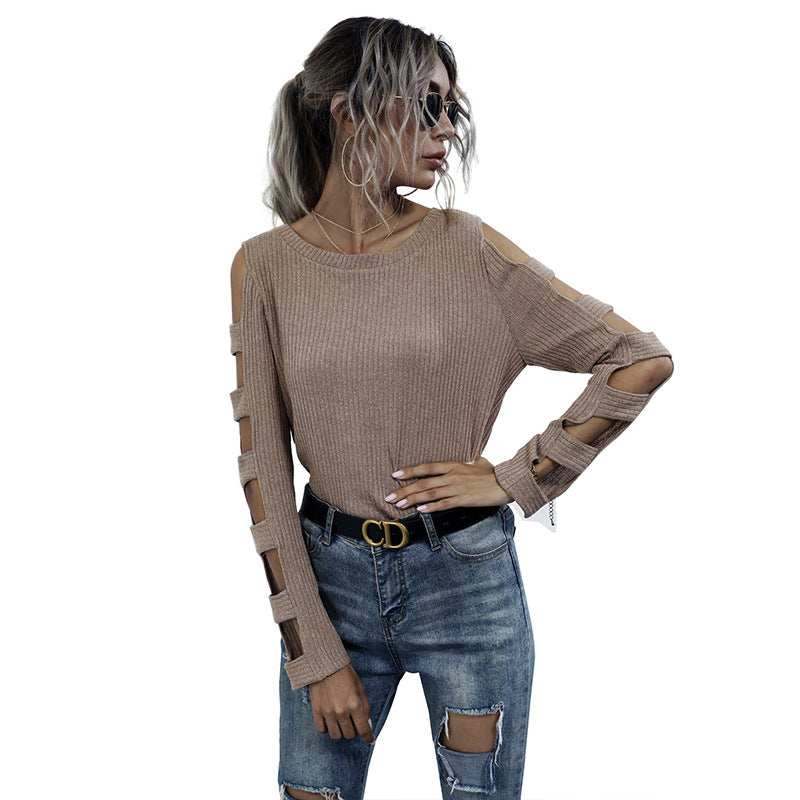 Damen Rippenstrick-Longsleeve mit Cut-Out-Ärmeln und Schulteröffnungen Shop Nory