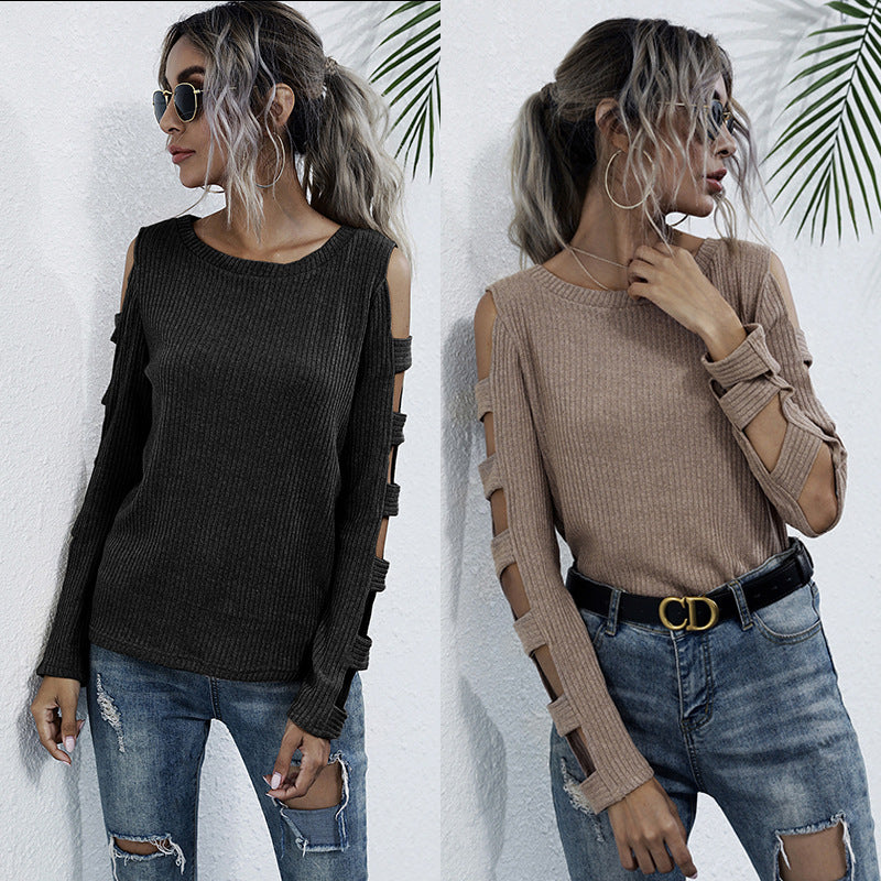 Damen Rippenstrick-Longsleeve mit Cut-Out-Ärmeln und Schulteröffnungen Shop Nory