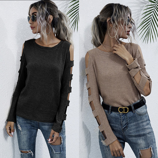 Damen Rippenstrick-Longsleeve mit Cut-Out-Ärmeln und Schulteröffnungen Shop Nory