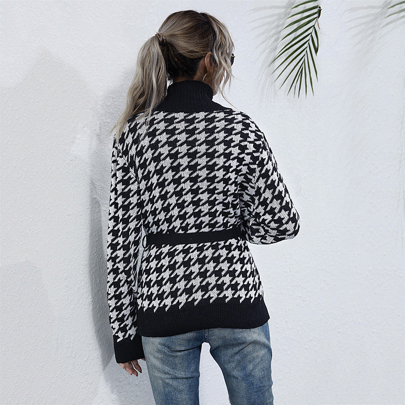Damen Grobstrick-Cardigan im Hahnentritt mit Schalkragen und Bindegürtel Shop Nory