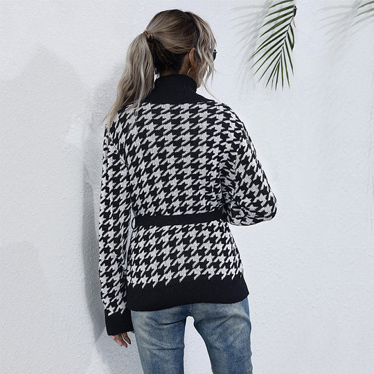 Damen Grobstrick-Cardigan im Hahnentritt mit Schalkragen und Bindegürtel Shop Nory
