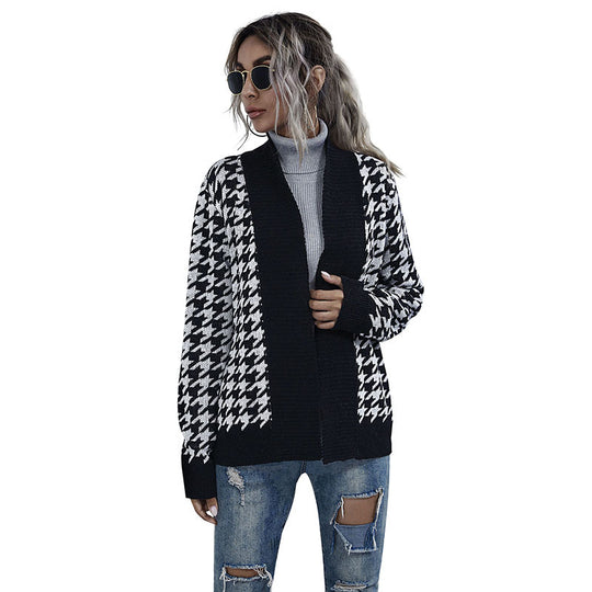Damen Grobstrick-Cardigan im Hahnentritt mit Schalkragen und Bindegürtel Shop Nory
