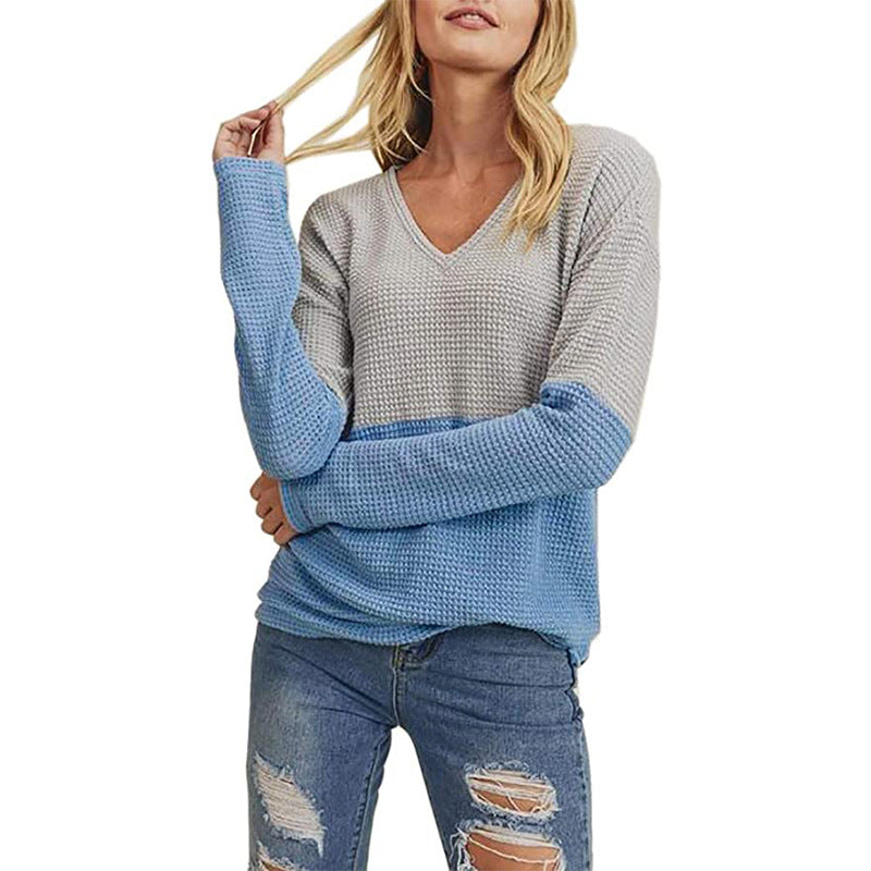 Damen Waffelstrick-Pullover mit V-Ausschnitt und Colorblock-Design Shop Nory