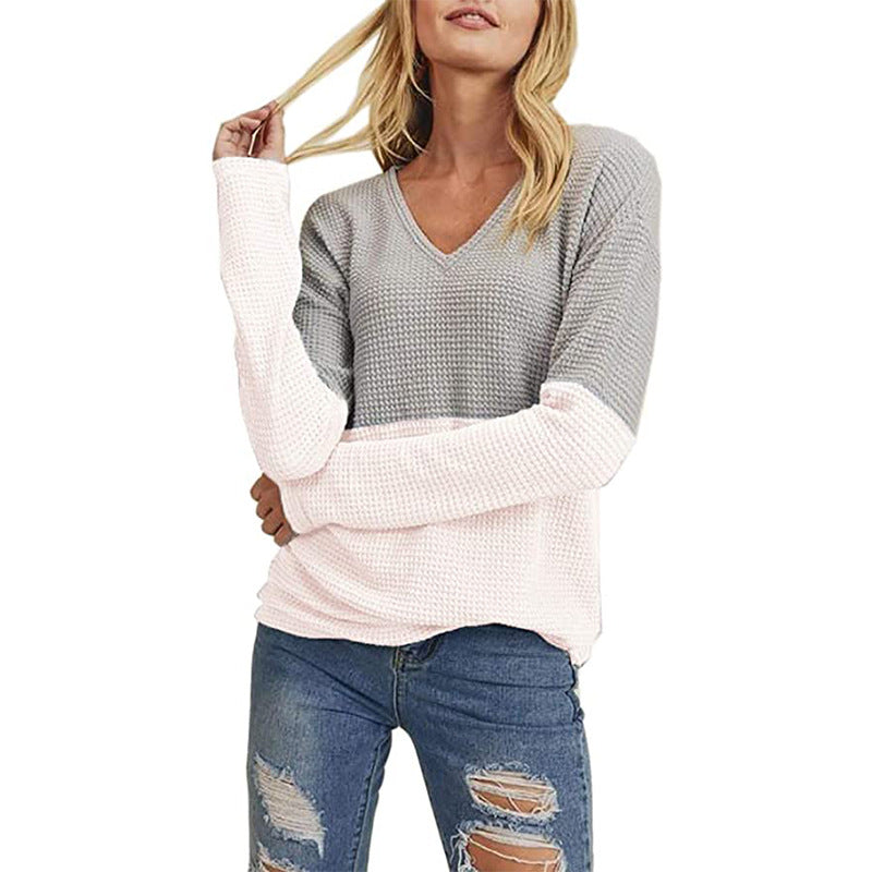 Damen Waffelstrick-Pullover mit V-Ausschnitt und Colorblock-Design Shop Nory