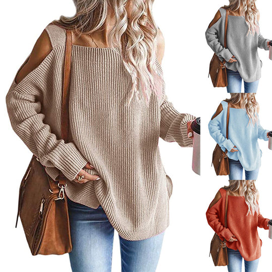 Damen Oversize-Rippstrickpullover mit Schulter-Cut-outs und weitem U-Boot-Ausschnitt Shop Nory