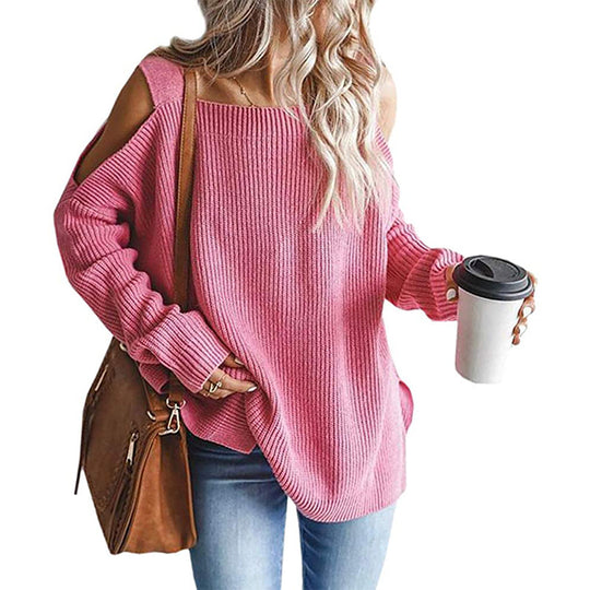 Damen Oversize-Rippstrickpullover mit Schulter-Cut-outs und weitem U-Boot-Ausschnitt Shop Nory