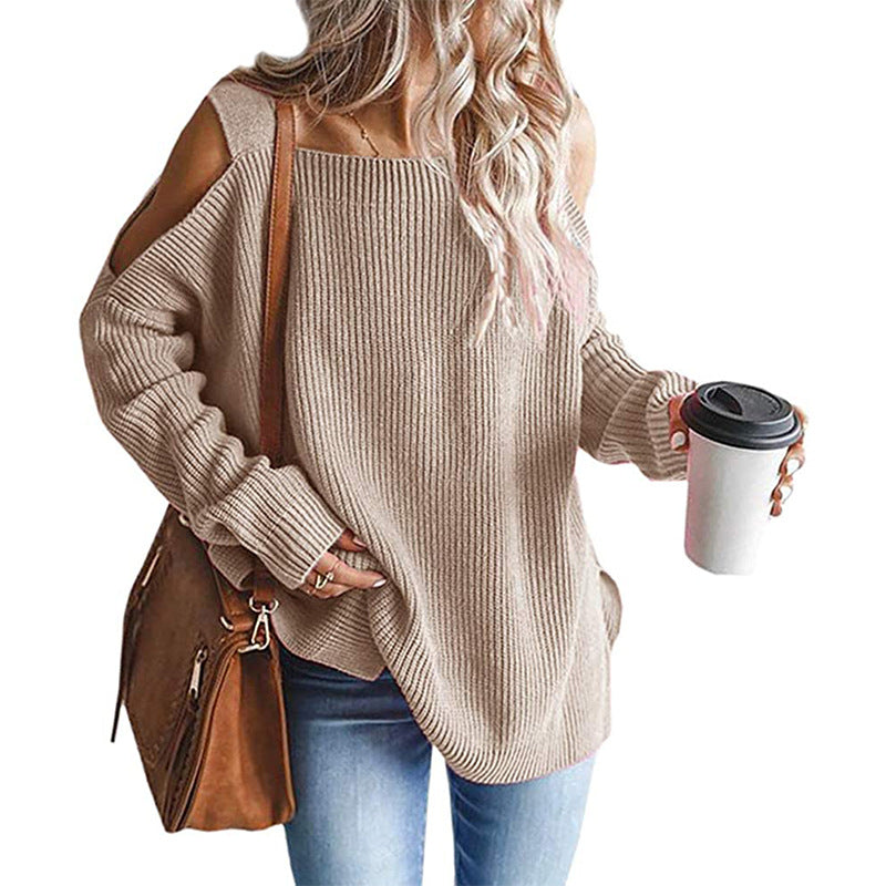 Damen Oversize Strickpullover mit Cut-Out-Schulter, geripptem Feinstrick und weitem U-Boot-Ausschnitt Shop Nory
