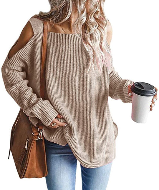 Damen Oversize Strickpullover mit Cut-Out-Schulter, geripptem Feinstrick und weitem U-Boot-Ausschnitt Shop Nory