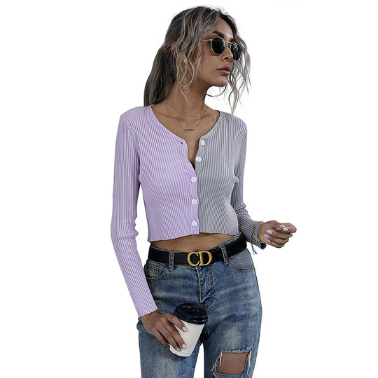 Damen Cropped Rippstrick-Cardigan mit V‑Ausschnitt und durchgehender Knopfleiste Shop Nory