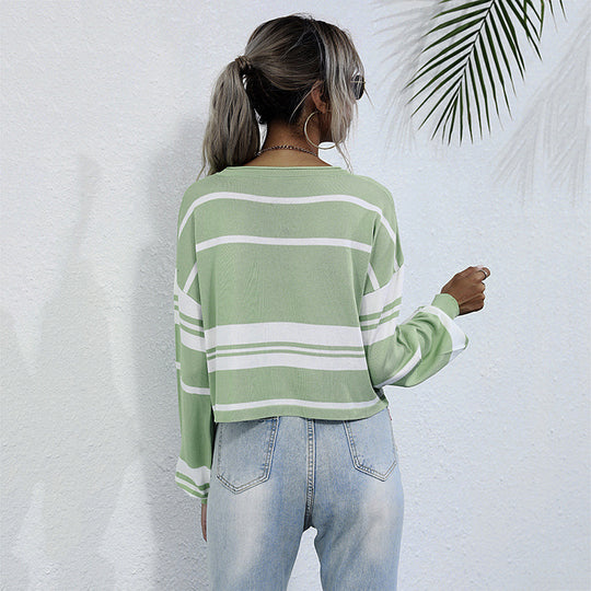 Damen Gestreifter Cropped-Feinstrickpullover mit weitem Raglanärmel Shop Nory