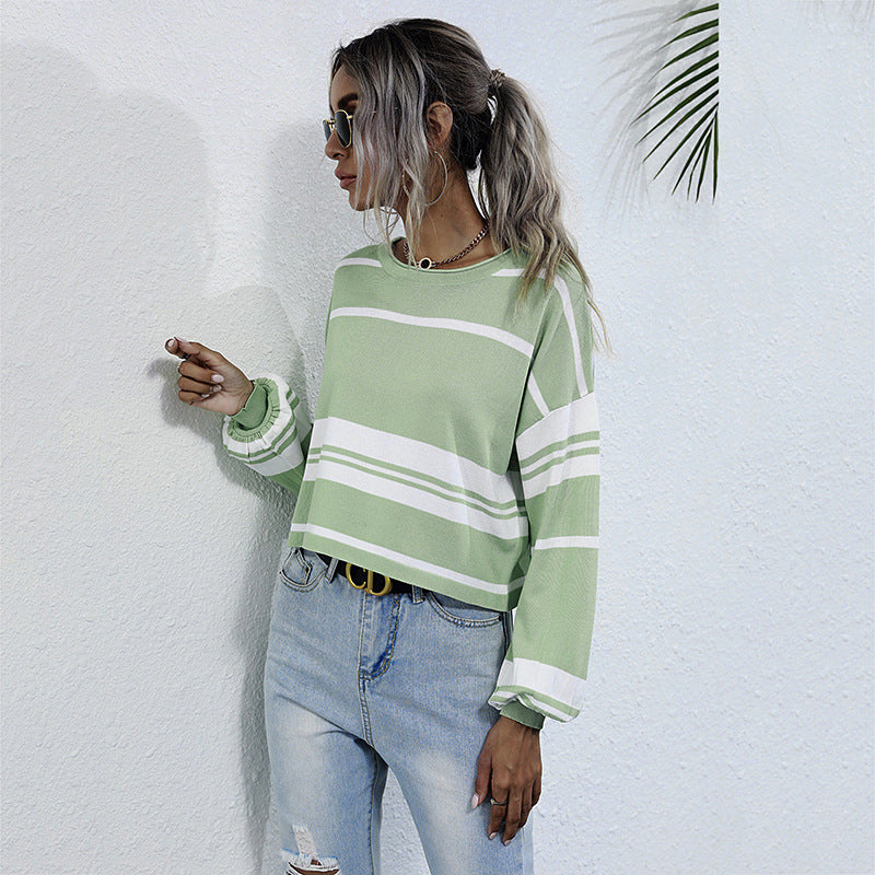 Damen Gestreifter Cropped-Feinstrickpullover mit weitem Raglanärmel Shop Nory