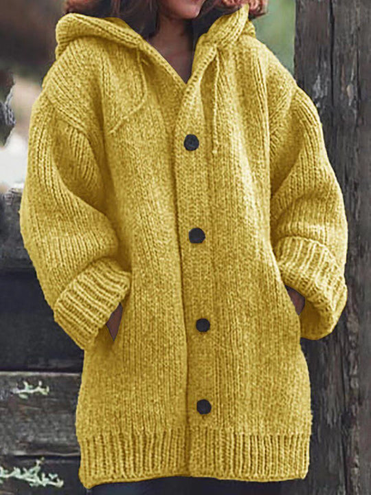 Damen Langgezogener Grobstrick-Mantelcardigan mit Kapuze, überschnittener Schulter und großen Knöpfen Shop Nory