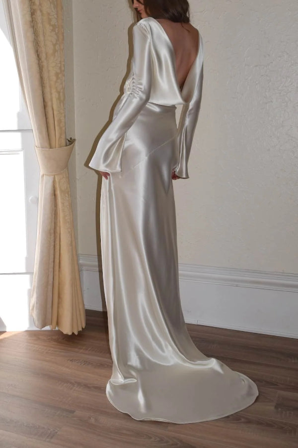 Pearl Eden Satin Rückwärtig Offene Cowl Neck Gown Maxi Kleid