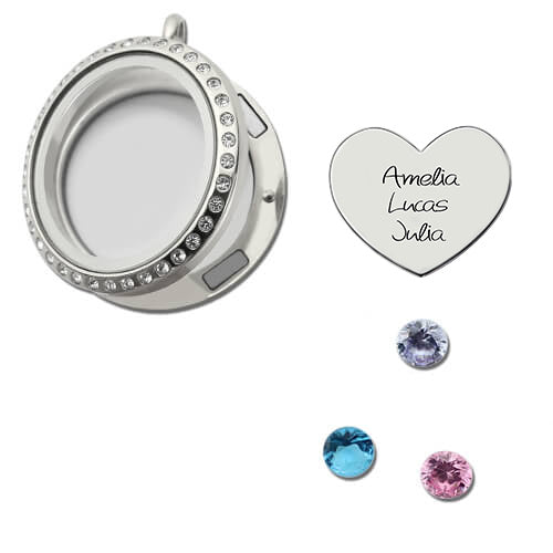 Personalisierte 'Triple Treat' schwebende Medaille mit Geburtssteinen und Sentiments | Shop Nory