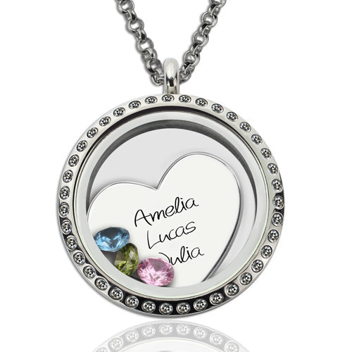 Personalisierte 'Triple Treat' schwebende Medaille mit Geburtssteinen und Sentiments | Shop Nory
