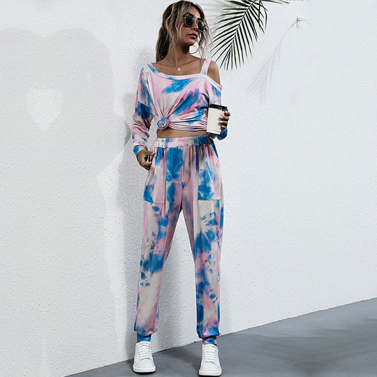 Damen Lässiges Batik-Lounge-Set mit Off-Shoulder Cropshirt & Jogginghose Shop Nory