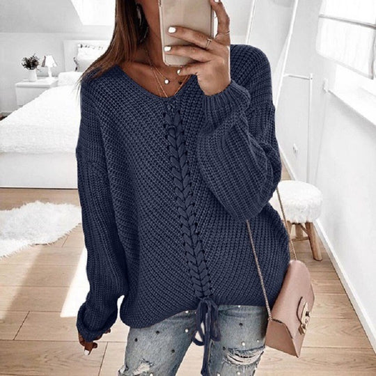 Damen Oversize Strickpullover mit V-Ausschnitt, Zopfstrick und Schnürung Shop Nory