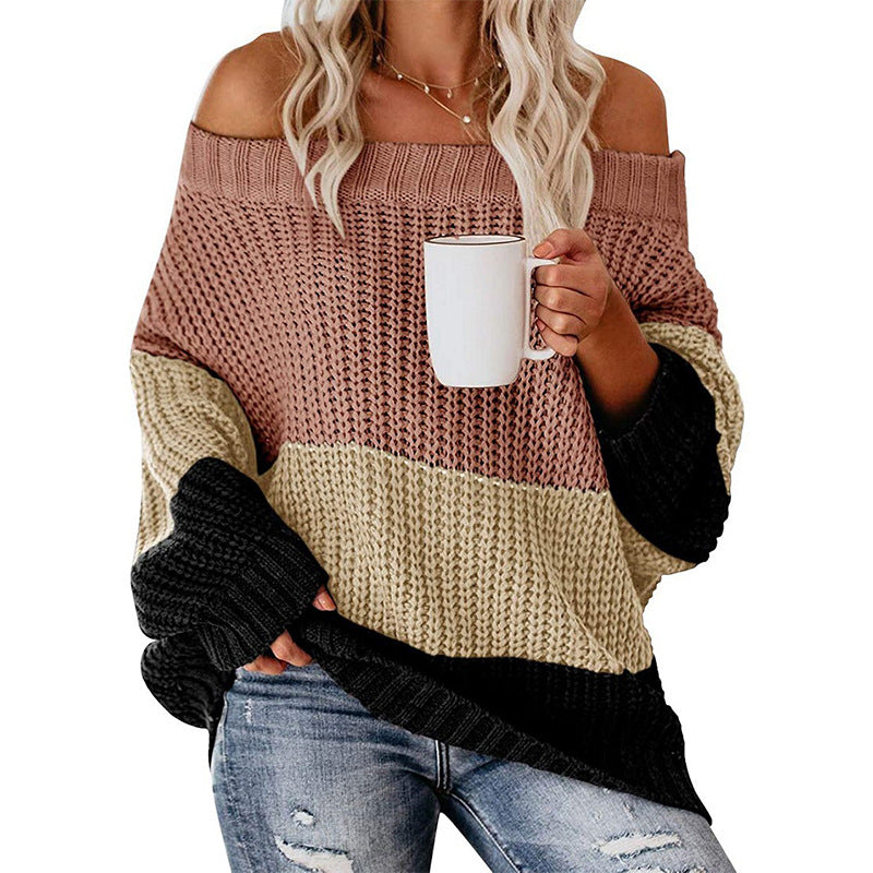Damen Schulterfreier Oversize Blockstreifen Strickpullover Shop Nory