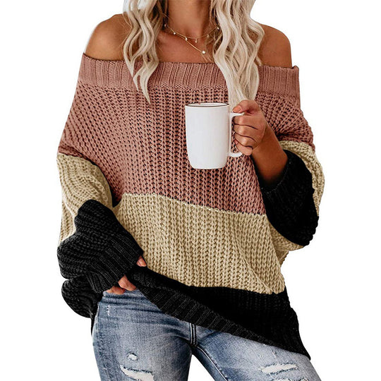 Damen Schulterfreier Oversize Blockstreifen Strickpullover Shop Nory