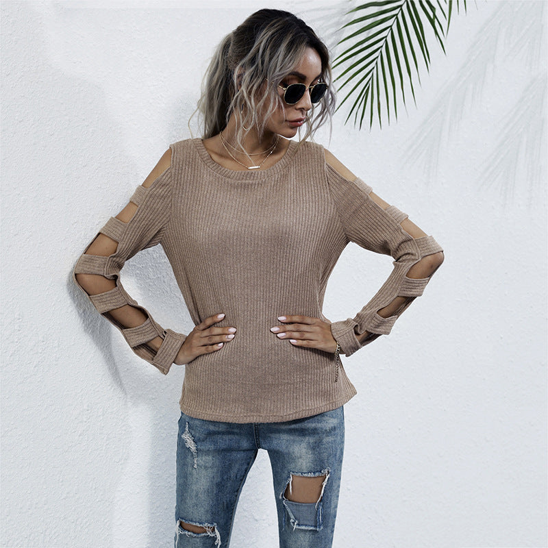 Damen Rippenstrick-Longsleeve mit Cut-Out-Ärmeln und Schulteröffnungen Shop Nory
