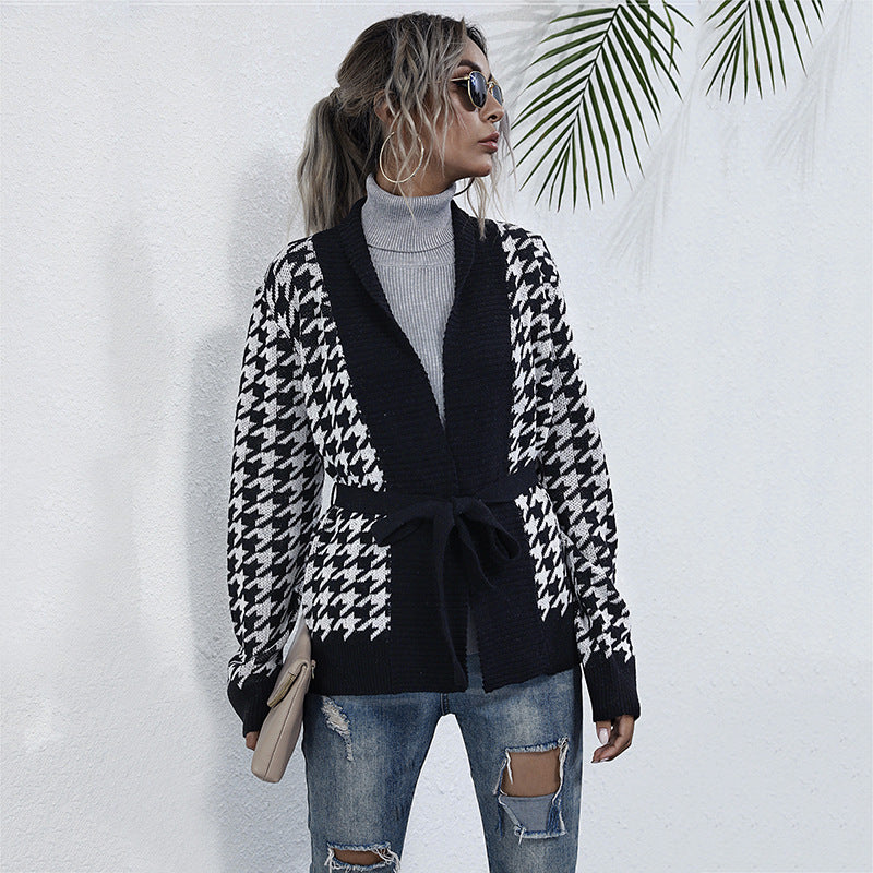 Damen Grobstrick-Cardigan im Hahnentritt mit Schalkragen und Bindegürtel Shop Nory