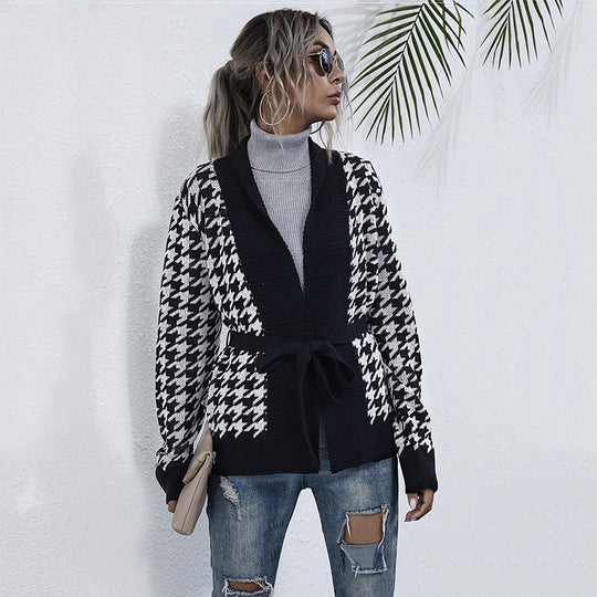 Damen Grobstrick-Cardigan im Hahnentritt mit Schalkragen und Bindegürtel Shop Nory