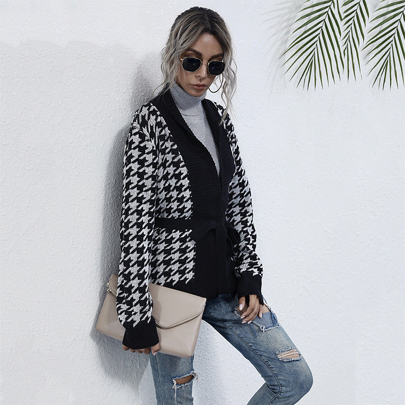 Damen Grobstrick-Cardigan im Hahnentritt mit Schalkragen und Bindegürtel Shop Nory
