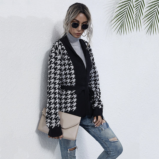 Damen Grobstrick-Cardigan im Hahnentritt mit Schalkragen und Bindegürtel Shop Nory