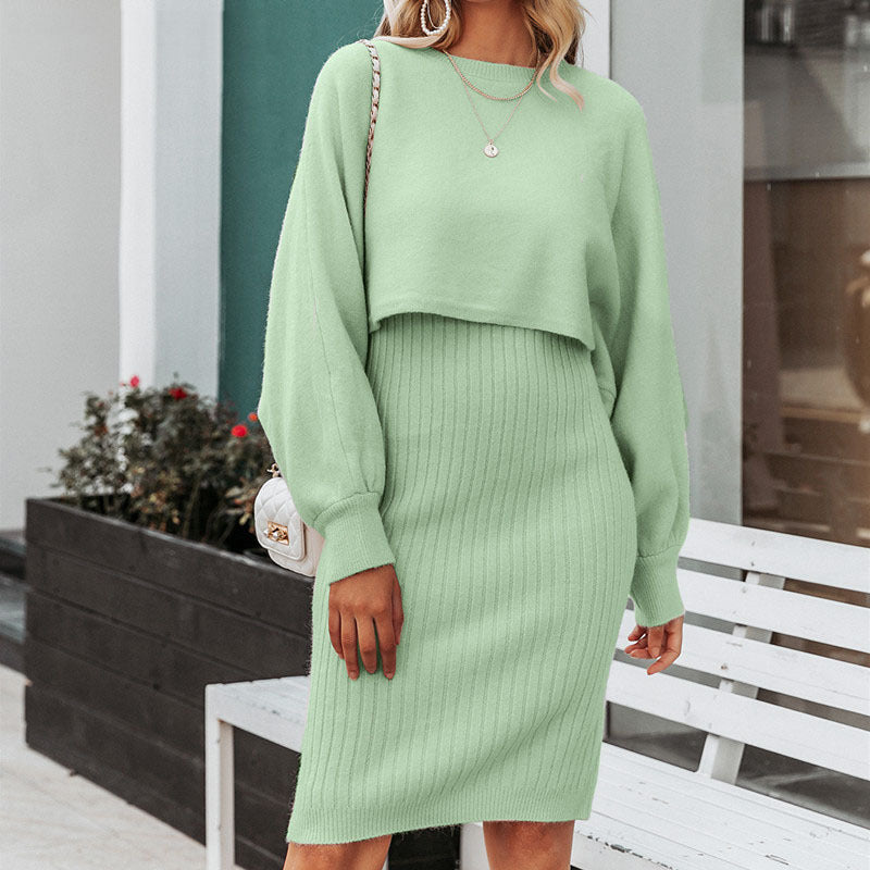 Damen Strickkleid mit cropped Oberteil und Rippstruktur
