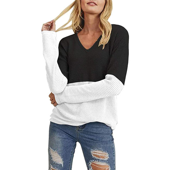 Damen Waffelstrick-Pullover mit V-Ausschnitt und Colorblock-Design Shop Nory