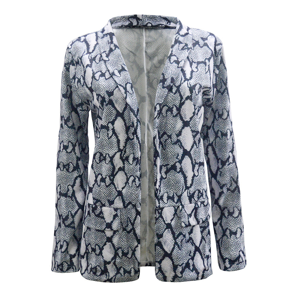 Damen Leichter Longblazer mit Schlangenprint, offener Front und aufgesetzten Taschen Shop Nory