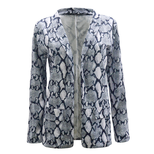 Damen Leichter Longblazer mit Schlangenprint, offener Front und aufgesetzten Taschen Shop Nory