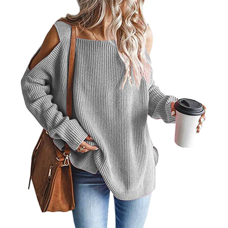 Damen Oversize Strickpullover mit Cut-Out-Schulter, geripptem Feinstrick und weitem U-Boot-Ausschnitt Shop Nory