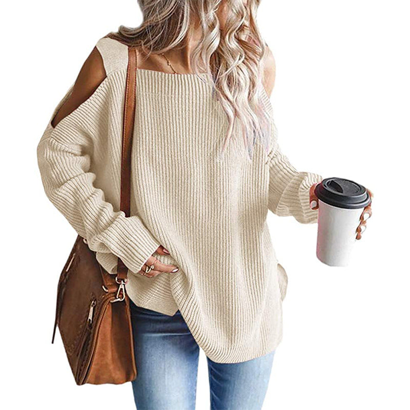 Damen Oversize-Rippstrickpullover mit Schulter-Cut-outs und weitem U-Boot-Ausschnitt Shop Nory