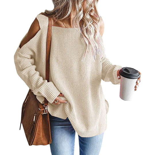 Damen Oversize-Rippstrickpullover mit Schulter-Cut-outs und weitem U-Boot-Ausschnitt Shop Nory