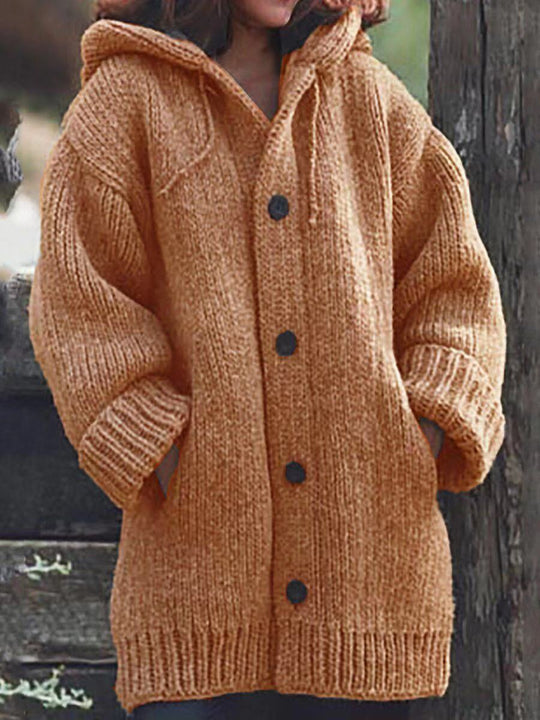Damen Langgezogener Grobstrick-Mantelcardigan mit Kapuze, überschnittener Schulter und großen Knöpfen Shop Nory
