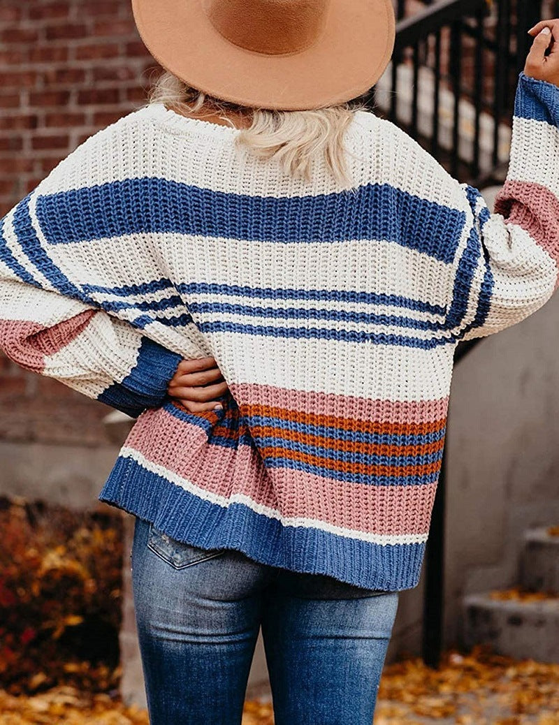 Damen Oversize Waffelstrick-Pullover mit Blockstreifen und überschnittenen Schultern Shop Nory