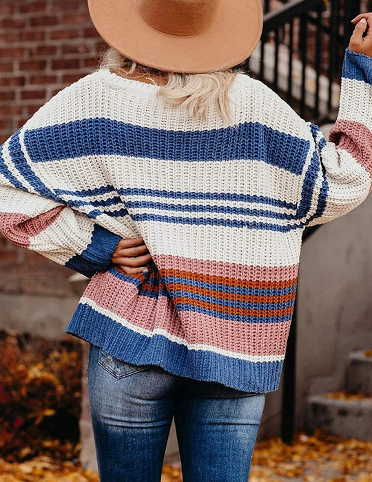 Damen Oversize Waffelstrick-Pullover mit Blockstreifen und überschnittenen Schultern Shop Nory