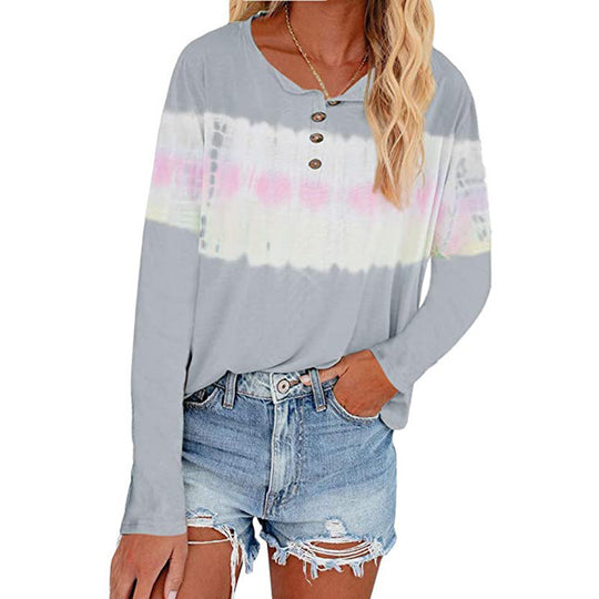 Damen Lässiges Longsleeve Henley-Shirt mit horizontalem Batikpanel Shop Nory