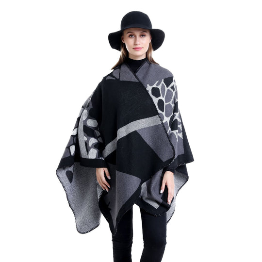 Damen Ruana-Überwurf mit geometrisch-animalischem Jacquard und Ziernaht Shop Nory