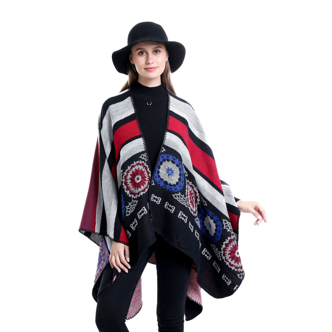 Damen Oversize-Ruana-Poncho mit V-Ausschnitt und ornamentaler Jacquard-Webung Shop Nory