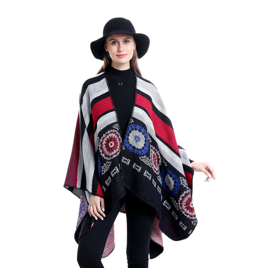 Damen Oversize-Ruana-Poncho mit V-Ausschnitt und ornamentaler Jacquard-Webung Shop Nory