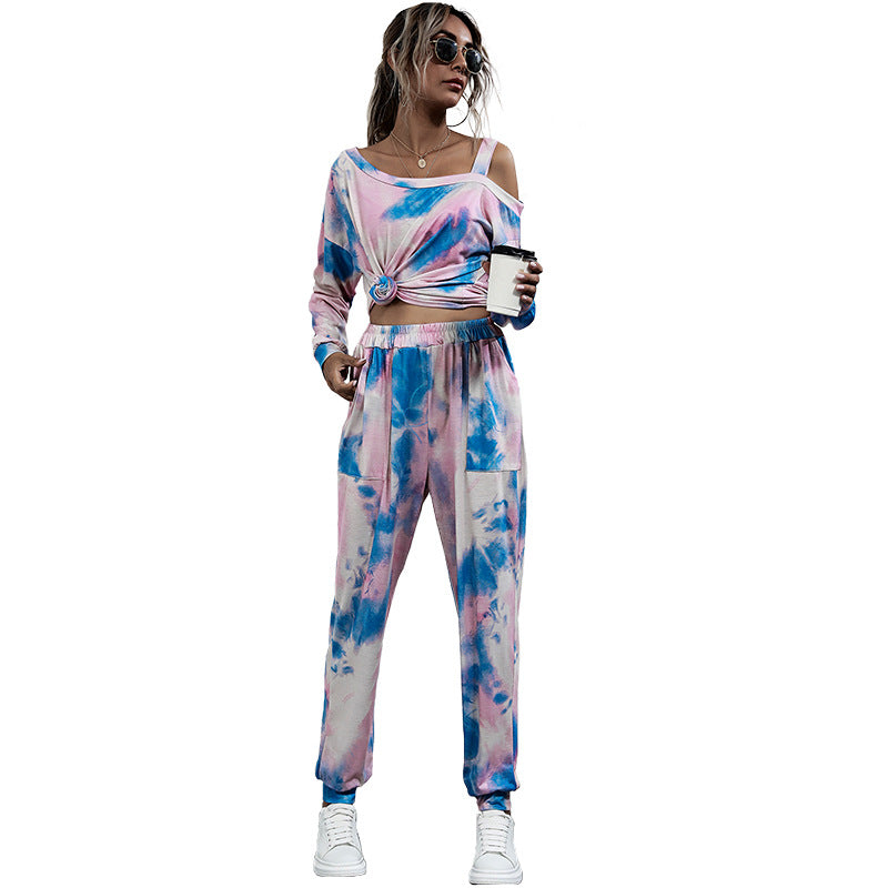 Damen Lässiges Batik-Lounge-Set mit Off-Shoulder Cropshirt & Jogginghose Shop Nory