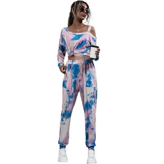 Damen Lässiges Batik-Lounge-Set mit Off-Shoulder Cropshirt & Jogginghose Shop Nory