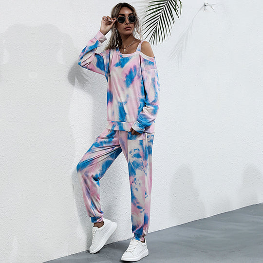 Damen Lässiges Batik-Lounge-Set mit Off-Shoulder Cropshirt & Jogginghose Shop Nory