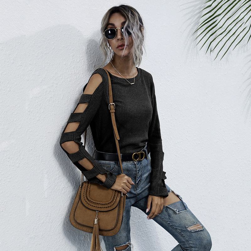 Damen Rippenstrick-Longsleeve mit Cut-Out-Ärmeln und Schulteröffnungen Shop Nory