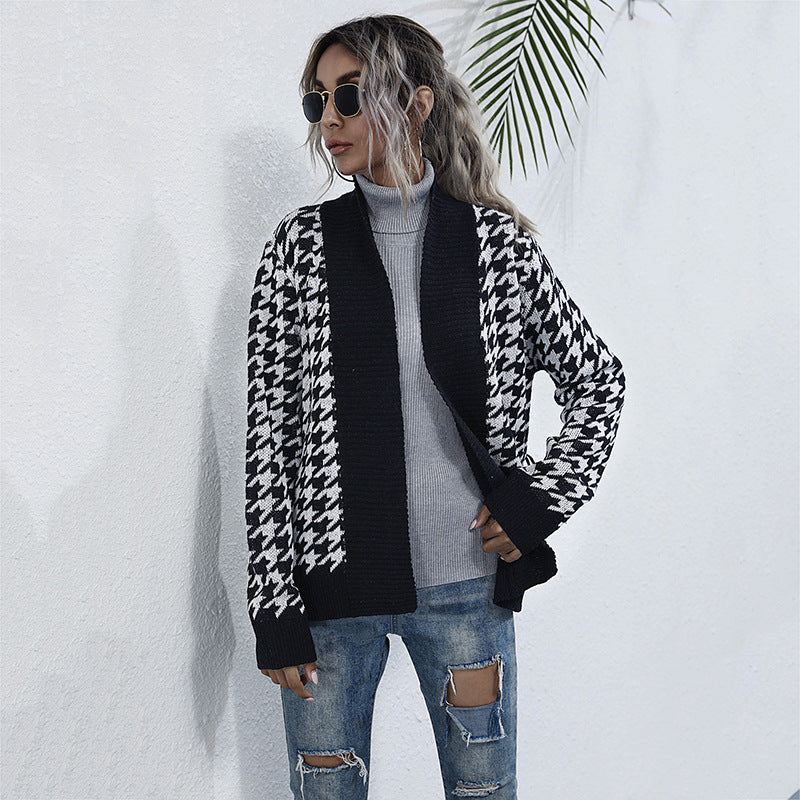 Damen Grobstrick-Cardigan im Hahnentritt mit Schalkragen und Bindegürtel Shop Nory